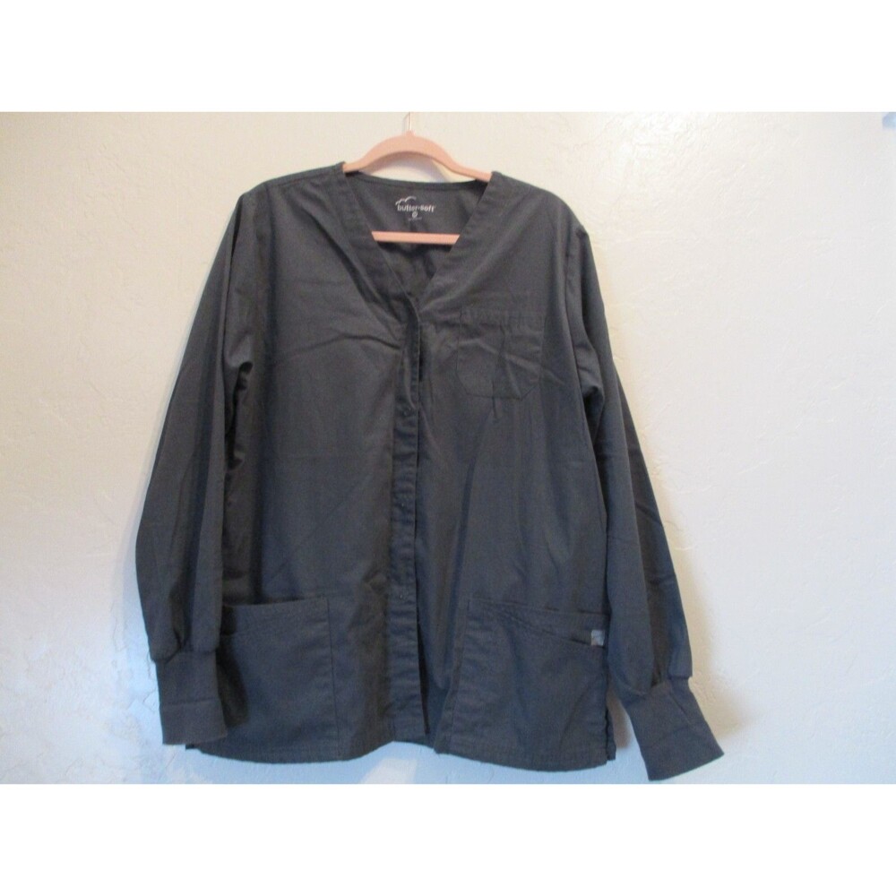 Butter-Soft Scrubs Womens M Pewter Gray V-Neck Long Sleeve Medical Uniform Top